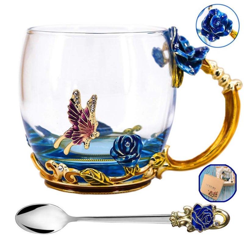 Luka Tech Enamels Butterfly flower Lead-free Glass Coffee Mugs Tea Cup with Steel Spoon, personalised Gifts For Women Wife Mom Friends Birthday Mothers Valentines Day Wedding (Blue) - Image 5